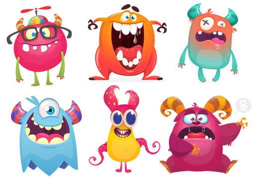 Happy cartoon monsters with different face expressions. Set of cartoon vector funny and scary monsters characters design isolated on white