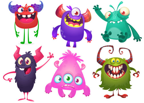 Happy cartoon monsters with different face expressions. Set of cartoon vector funny and scary monsters characters design isolated on white