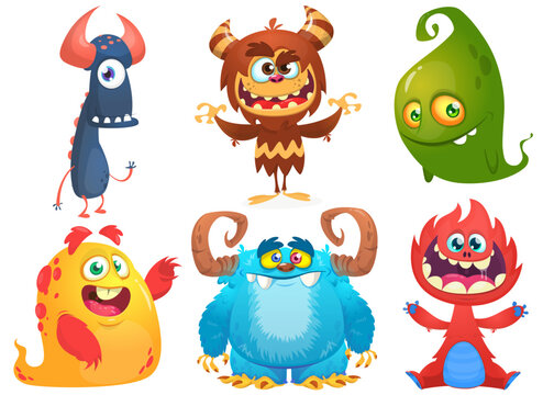 Happy cartoon monsters with different face expressions. Set of cartoon vector funny and scary monsters characters design isolated on white