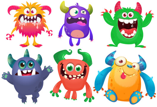 Happy cartoon monsters with different face expressions. Set of cartoon vector funny and scary monsters characters design isolated on white