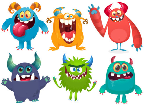 Happy cartoon monsters with different face expressions. Set of cartoon vector funny and scary monsters characters design isolated on white