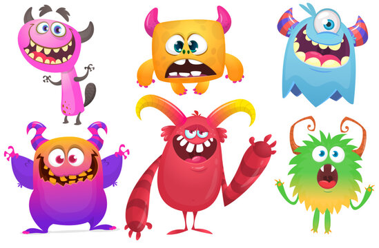 Happy cartoon monsters with different face expressions. Set of cartoon vector funny and scary monsters characters design isolated on white