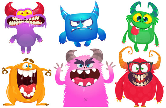 Happy cartoon monsters with different face expressions. Set of cartoon vector funny and scary monsters characters design isolated on white