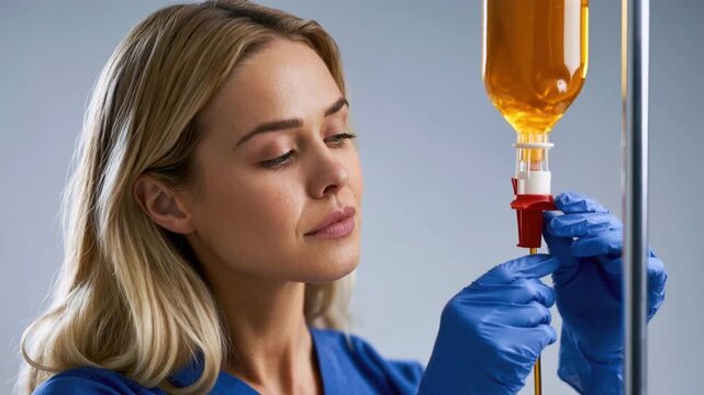Female nurse or medical professional adjusting intravenous fluid bag with concentrated and careful expression in modern clinical setting