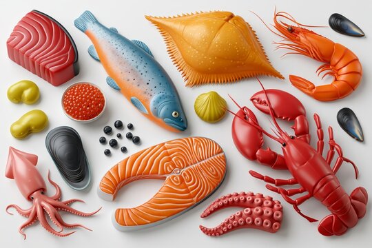Seafood menu 3D vector illustration set. Cartoon raw marine sea or ocean food collection with tuna trout salmon flounder fishes, lobster shrimp caviar mussel squid octopus tentacles isolated on white