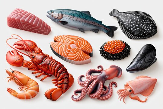 Seafood menu 3D vector illustration set. Cartoon raw marine sea or ocean food collection with tuna trout salmon flounder fishes, lobster shrimp caviar mussel squid octopus tentacles isolated on white