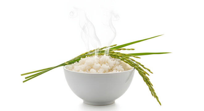 Rice bowl with steam and green stalks