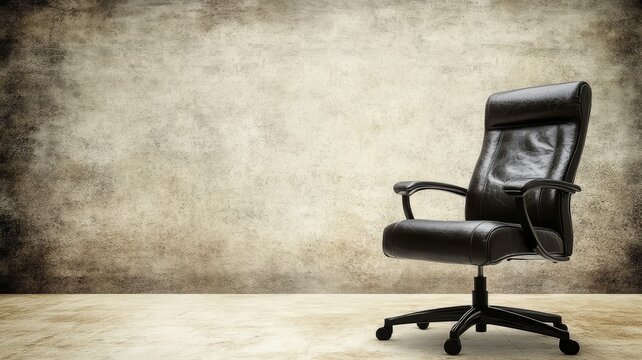 Professional leather executive office chair against grunge wall background for corporate business interior design concept