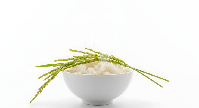 Rice bowl with steam and green stalks