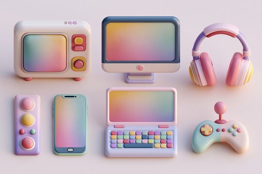 3D UI Icons set of technology isolated on white background. Computer devices 3d render vector icon set. Computer, laptop, smartphone, headphones, game console, joystick