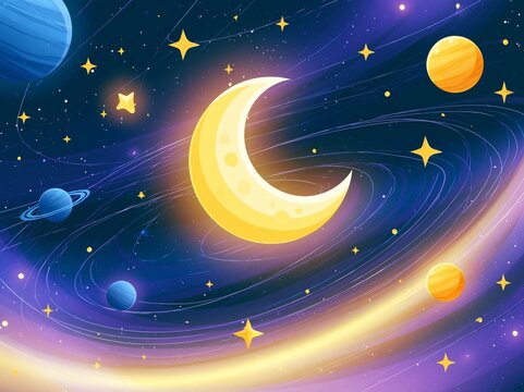 moonlight background design,Shining
illustration with sky stars on abstract
template. space moon and stars cosmos
galaxy solar system cartoon vector
illustration