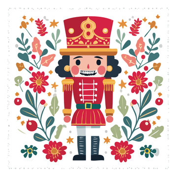 Flat illustration of nutcracker soldier with floral frame