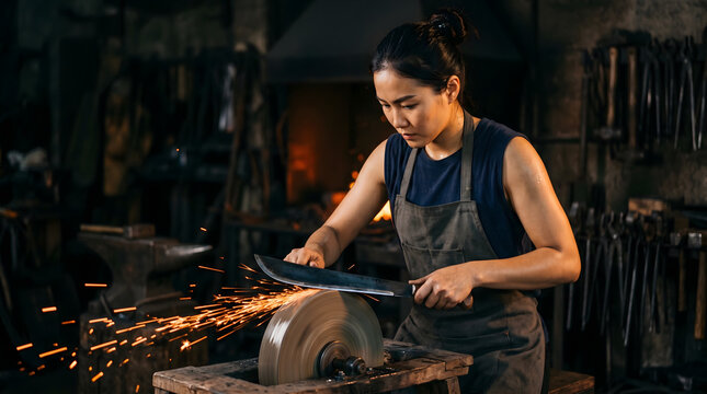 Concentrated Asian female blacksmith sharpening a large metal blade on a rotating grinding wheel in a dark workshop with orange sparks.