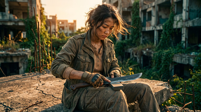 A resilient young woman in tactical gear sharpening a large machete on a whetstone amidst ruined, overgrown post-apocalyptic city buildings.