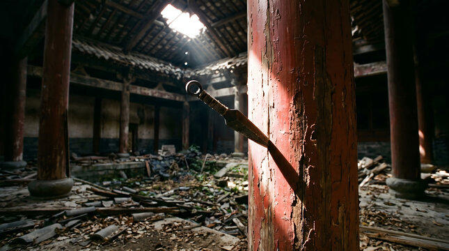 Traditional kunai knife embedded in a weathered red wooden pillar inside the ruins of an abandoned sunlit ancient temple or dojo.