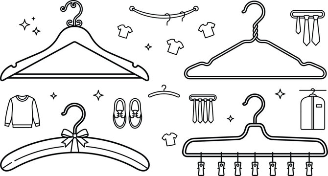 Clothes hanger rack icon set vector outline collection of wardrobe organizer storage garment care laundry fashion element.