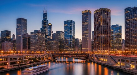 Obraz premium Chicago skyline at dusk with the Chicago River flowing through the foreground.