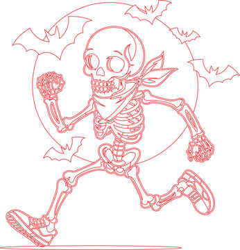 Running skeleton wearing a bandana surrounded by flying bats against a circular backdrop