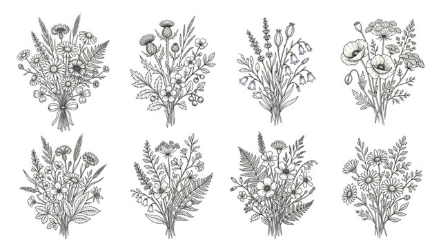 Wildflower Line Art Bouquet Collection Hand Drawn Botanical Flowers and Meadow Herbs Vector Set