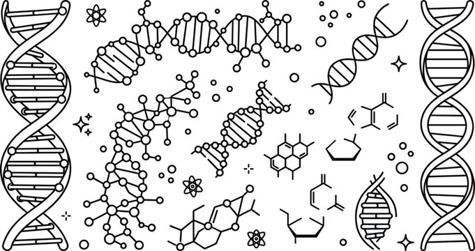 DNA helix and molecule icon set vector outline collection of genetic code structure biotechnology medical science laboratory elements.