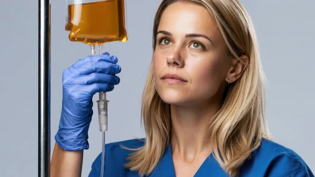Female medical professional examining intravenous bag with yellow liquid wearing blue gloves and uniform in hospital or clinical setting with focused expression