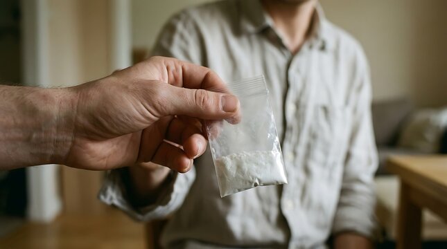 Drug deal concept showing a hand passing a small plastic bag with white powder to another person