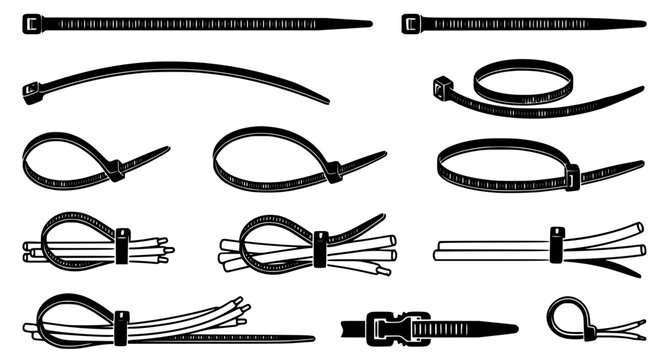 Bold black zip tie cable tie icon set in solid filled vector style for industrial fastening and security design concepts