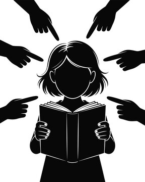 Little girl reading a book surrounded by multiple pointing fingers representing judgment or bullying