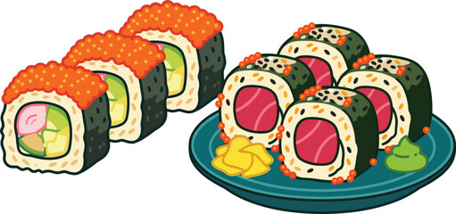 Japanese Sushi Roll Collection with Maki, California Rolls, Tuna Sushi, Wasabi, and Pickled Ginger for Asian Cuisine, Restaurant, and Food Design Projects © EdGe Creative