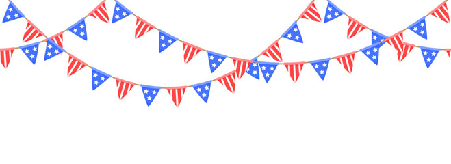 Obraz premium Repeated American flag garland chain. USA flags pennon string decoration for Independence day, July 4 party. White, blue, red bunting decor. Triangle pennants with stripes and stars background. Vector
