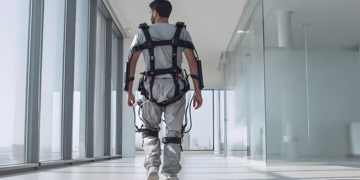Back view captures an individual walking through a modern, bright hallway, showcasing a wearable mechanical exoskeleton.