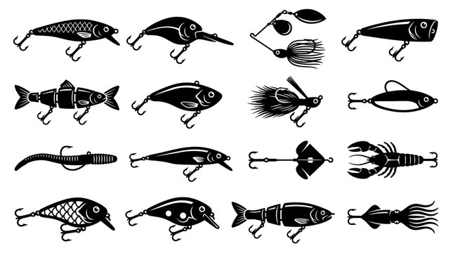 Fishing Lures Black and White Glyph Icon Set for Angling Tackle and Artificial Bait Collection
