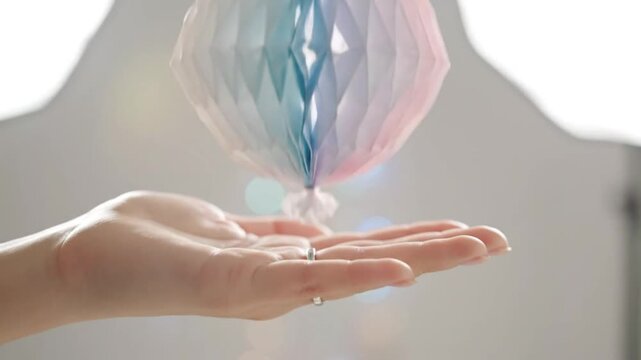 Delicate pastel paper honeycomb ornament being gently held in an open hand against a soft background