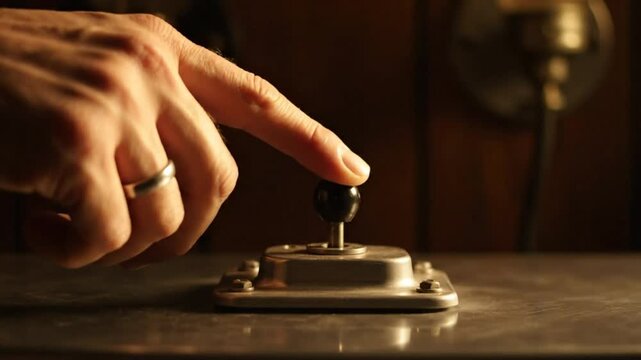 Close-up of a finger pressing a vintage toggle switch in a dimly lit room, creating a retro effect