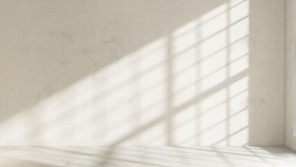 Clean, textured off white concrete wall with window grid shadow in empty minimal room in sunlight for modern, industrial interior design decoration, architecture, product background 3D