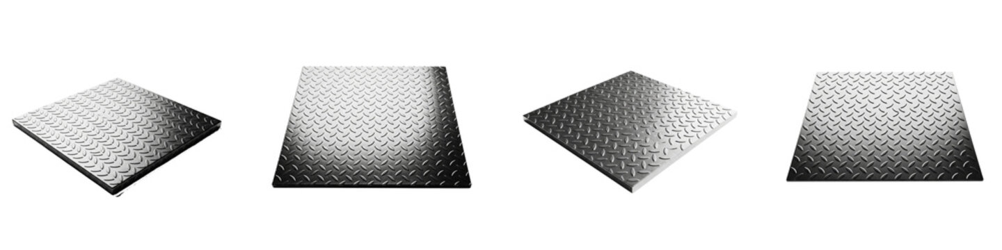 Four square diamond plate metal panels displayed at various angles on black