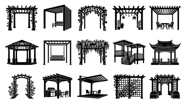 Black and White Vector Icons of Pergolas, Gazebos, and Arbors for Landscape Design