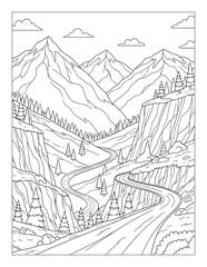 Fototapeta premium Mountain coloring page featuring a winding roadway through alpine valleys and scenic coloring page