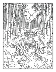 Fototapeta premium Bamboo coloring page featuring peaceful garden bridges and winding stream coloring page