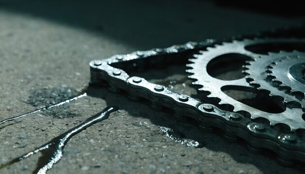 Close up of oiled bicycle chain and sprockets resting on concrete with motor oil streaks cool toned dramatic side lighting