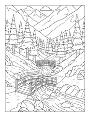 Fototapeta premium Bridge coloring page with mountain stream forest valley and scenic nature landscape coloring page