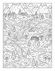 Obraz premium Waterfall coloring page with mountain valley rivers bridges and scenic wilderness coloring page