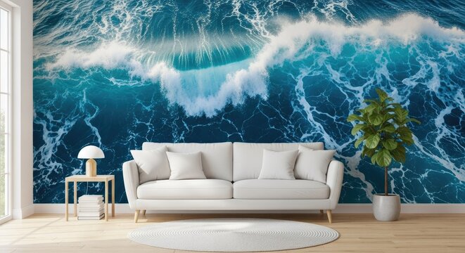 Living room featuring large ocean wave wall mural.
