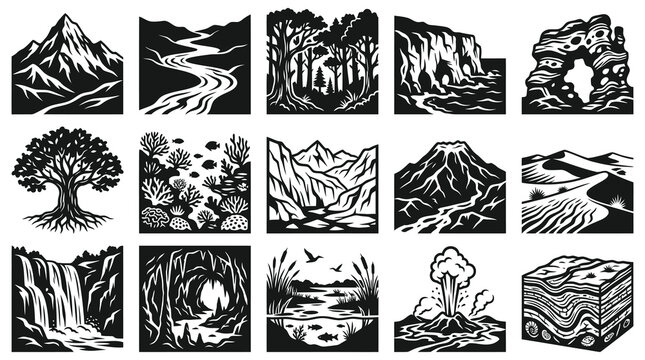 Black  White Glyph Vector Icons: Natural Landscapes, Geological Formations  Ecosystems