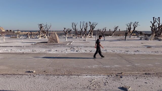 Man walking through Villa Epecuen in Adolfo Alsina, Buenos Aires Province, Argentina, surrounded by salt-covered terrain and remnants left by the catastrophic 1985 inundation, drone lateral tracking