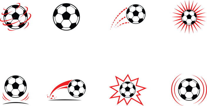Dynamic soccer ball motion icons set with red energy trails, speed lines, bounce effects, and impact bursts for sports design, football branding, and athletic illustration