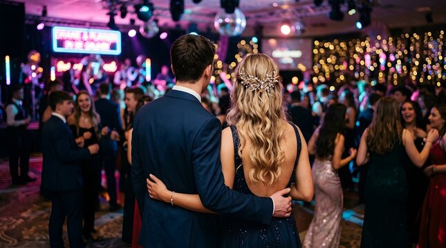 Rear view of a young couple dancing at a formal event in a dimly lit venue with festive lighting and a crowd of guests in the background