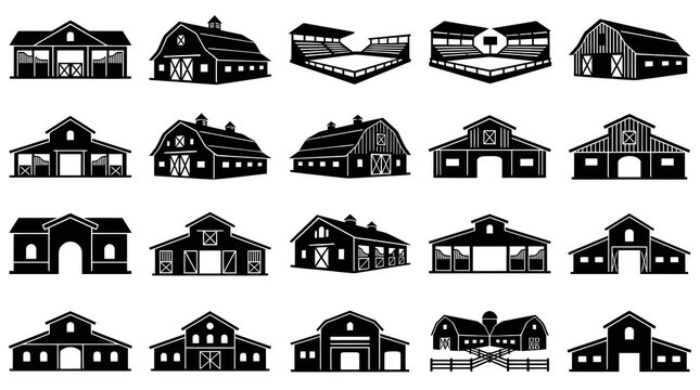 Agriculture Farm Barn and Stable Buildings Vector Glyphs Set. Black and White Equestrian Farmhouse Icons Collection.