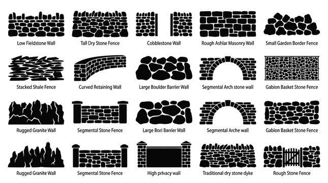 Construction  Landscaping Stone Walls, Fences, Barriers Icons Set. Diverse Architectural Silhouettes.