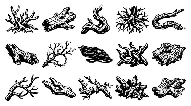 Aquascaping and Aquarium Decor Elements Vector Set. Driftwood, Wood Branches and Roots Black  White Line Art